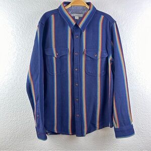 OUTERKNOWN Men’s Large Blanket Shirt Blue Marine Rainbow Stripe Cotton Large